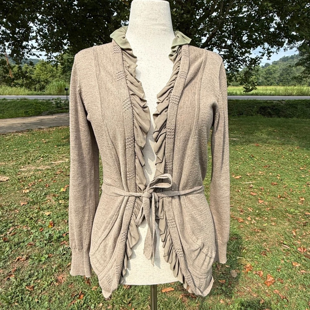 Sacred Threads Women Large Taupe Ruffle Tie Waist Cotton Knit Cardigan Sweater